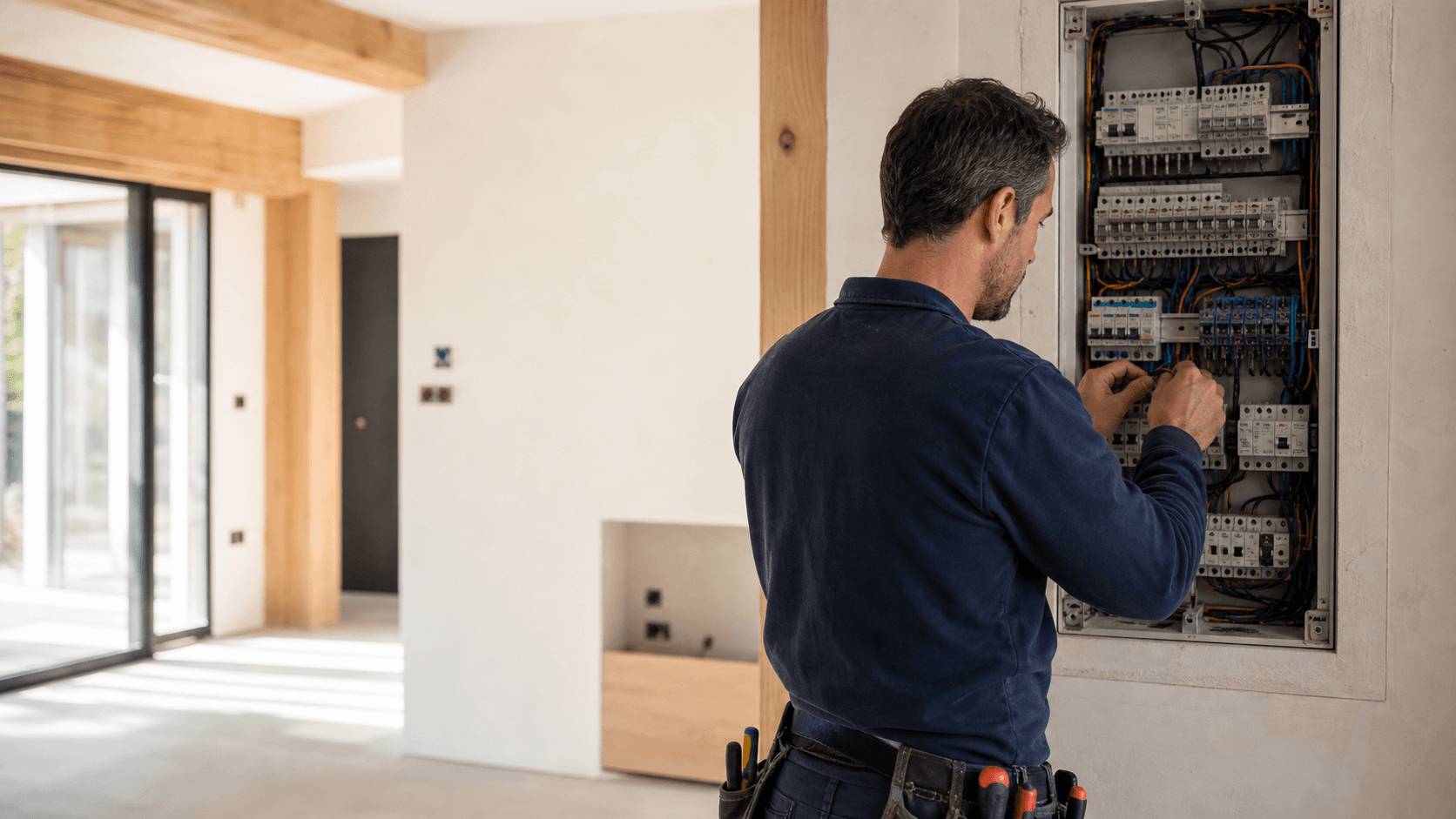 Un électricien effectuant une installation soignée dans un intérieur lumineux